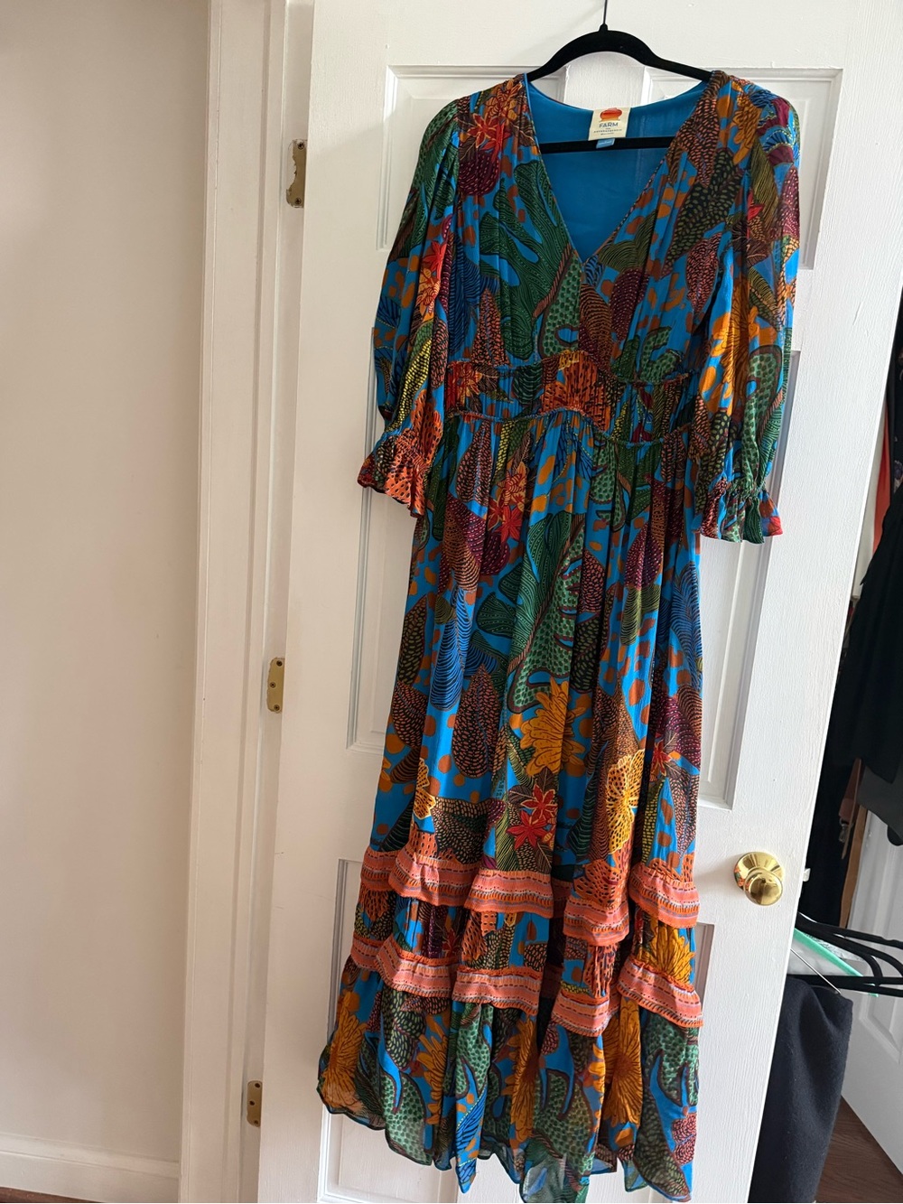 FARM Rio Teal Floral Tiered Maxi Dress with Rust and Green Accents